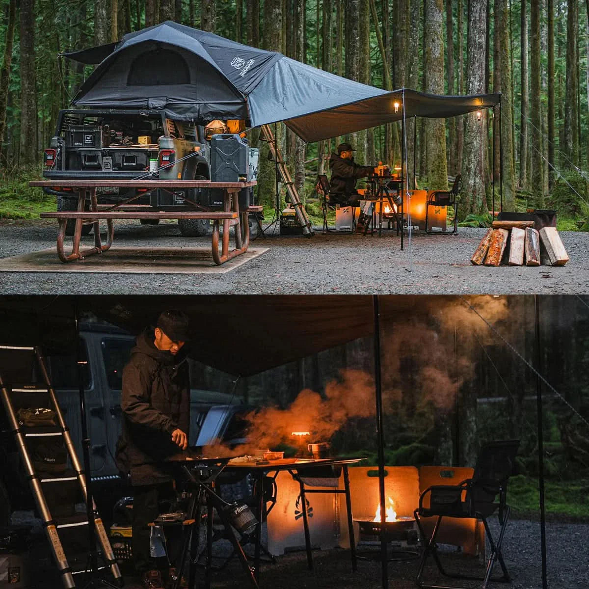 Person cutting a steak with a fork and knife on a plate with salad while camping