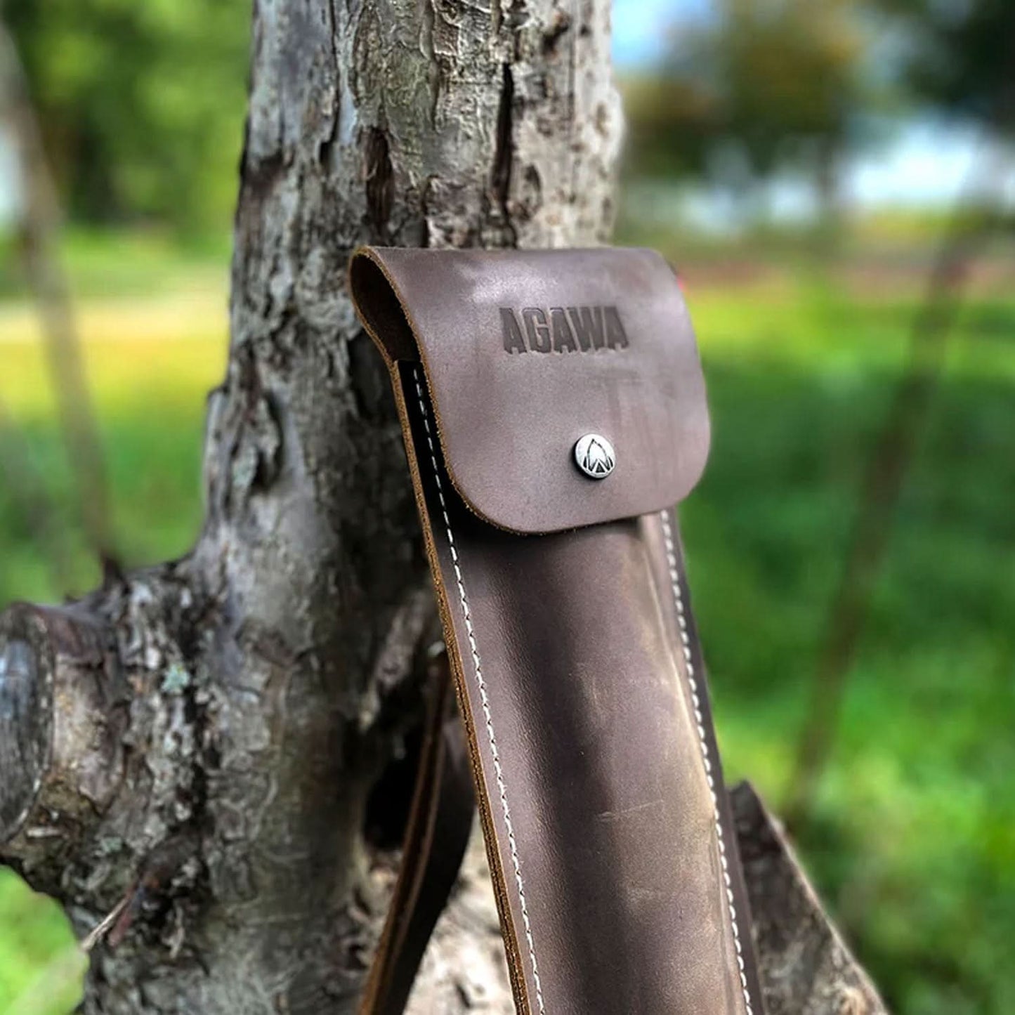 Agawa Crazy Horse sheath in dark brown leather, closed and leaning against a tree.