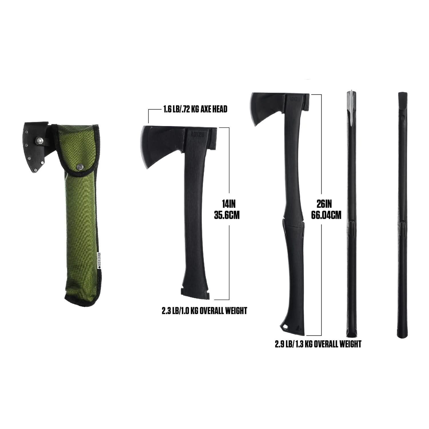 A series of five images of the Agawa ADK26 Transforming Camp Hatchet and Forest Axe. From left to right: the first image shows the axe enclosed in its sheath, the second displays the top half of the axe with dimensions and weight, the third presents the fully assembled axe with dimensions and weight, the fourth shows the axe fully assembled and laying on its back with the blade facing the viewer, and the fifth depicts the fully assembled axe with its back facing the viewer and the blade pointed away.