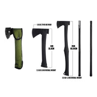 Thumbnail for A series of five images of the Agawa ADK26 Transforming Camp Hatchet and Forest Axe. From left to right: the first image shows the axe enclosed in its sheath, the second displays the top half of the axe with dimensions and weight, the third presents the fully assembled axe with dimensions and weight, the fourth shows the axe fully assembled and laying on its back with the blade facing the viewer, and the fifth depicts the fully assembled axe with its back facing the viewer and the blade pointed away.