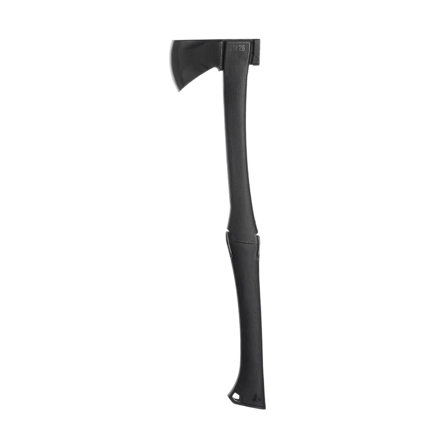 The Agawa ADK26 Transforming Camp Hatchet and Forest Axe, with the blade facing to the left, highlighting the axe's compact and versatile design.