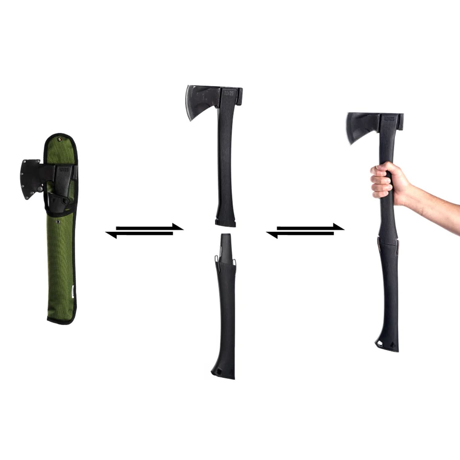 The Agawa ADK26 Transforming Camp Hatchet and Forest Axe in three stages. The left image shows the axe protruding from its sheath, the middle image displays the axe separated into two parts, and the right image shows it fully assembled. Arrows between the images highlight the ease of assembly, disassembly, and storage.