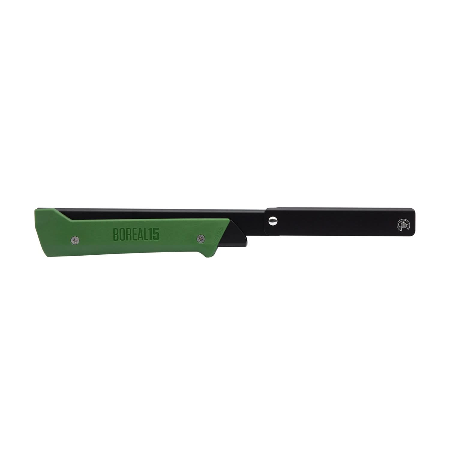 Boreal 15 saw with a green handle, folded and compact, ready for storage, highlighting its sleek and portable design.