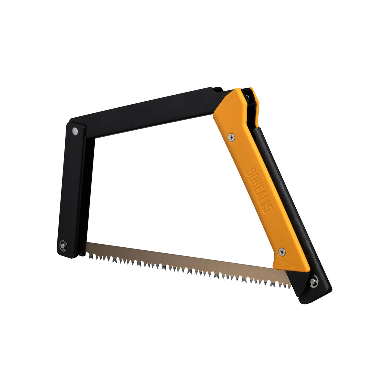 Boreal 15 saw with a yellow handle, fully assembled and suspended at a slight angle, showcasing its compact and rugged design.