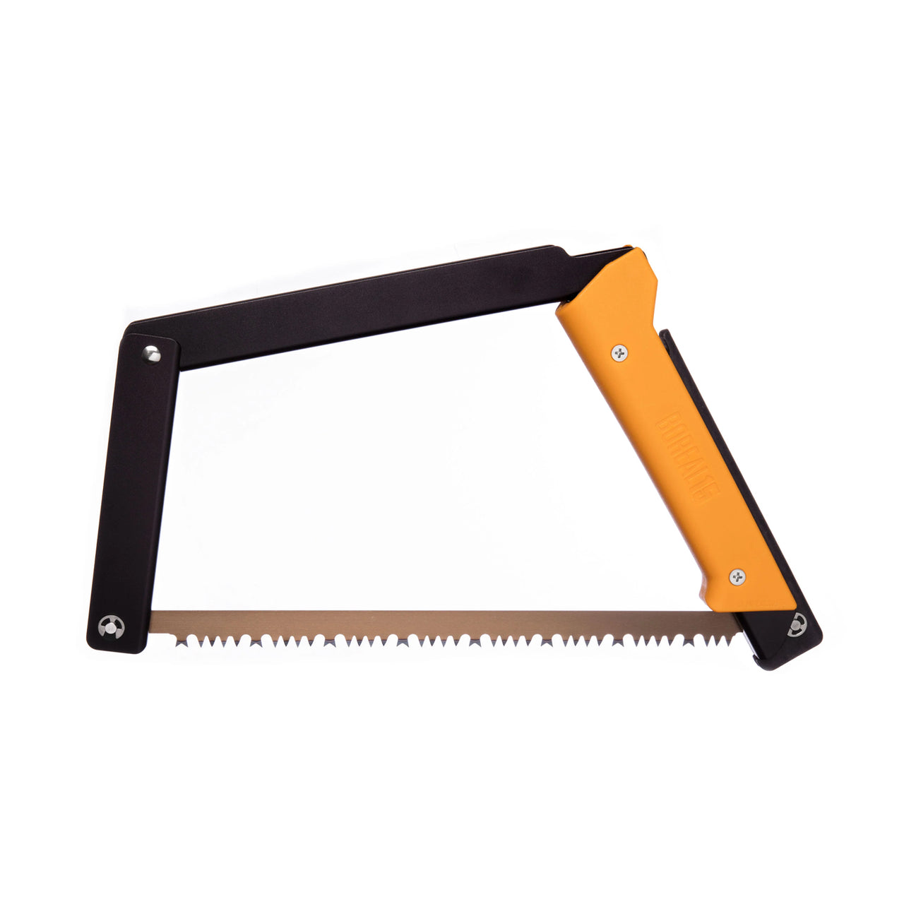 Boreal 15 saw with a yellow handle, fully assembled and shown in side profile, featuring the Canyon All-Purpose Bucksaw Blade. Compact, rugged, and ready for any adventure.