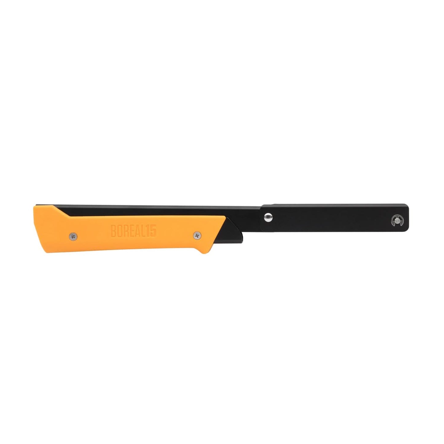 Boreal 15 saw with a yellow handle, folded and compact, ready for storage, highlighting its sleek and portable design.