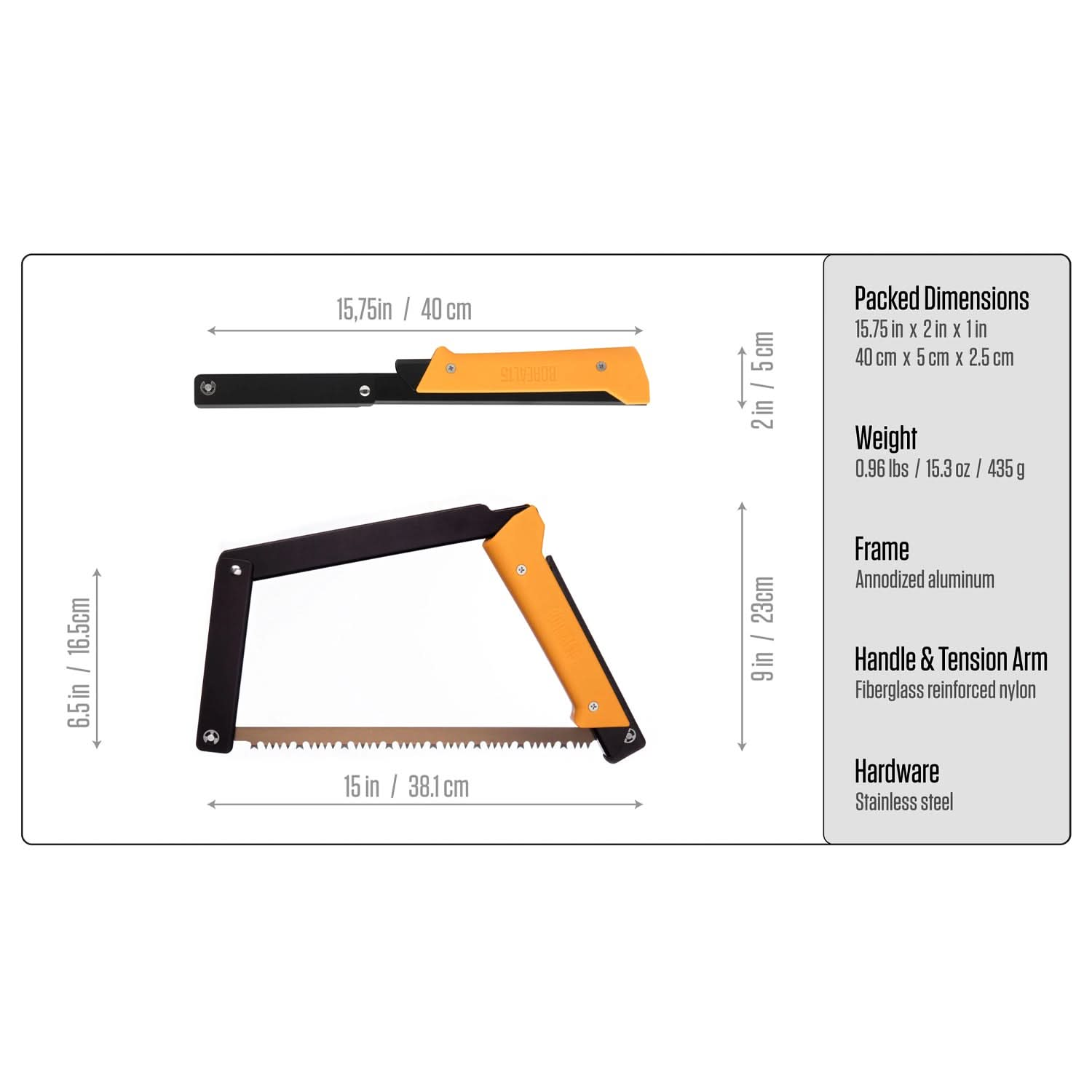 Boreal 15 saw with a yellow handle, folded at the top and fully assembled underneath, both showing length and height. To the right, a box lists Packed Dimensions, Weight as well as Frame, Handle/Tension Arm and Hardware materials.