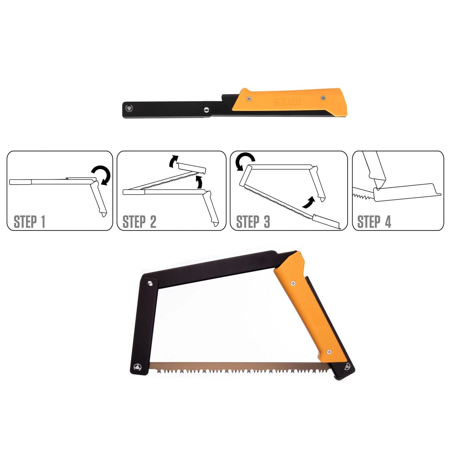 At the top, the Boreal 15 saw with a yellow handle is folded and compact. At the bottom, the saw is fully assembled. In between, four labeled steps (1-4) show instructions for assembling the saw.






