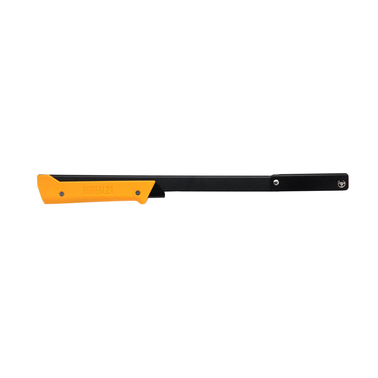 Boreal 21 saw in yellow, folded in its compact form, highlighting the lightweight frame and portable design for outdoor use.