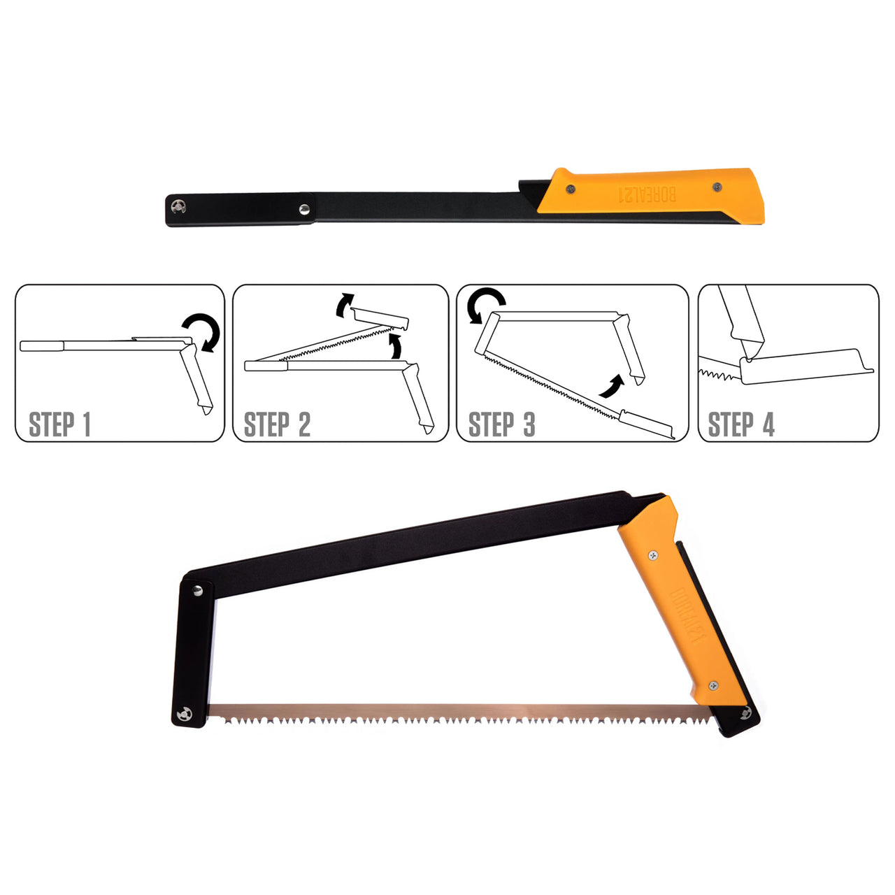 At the top, the Boreal 21 saw with a yellow handle is folded and compact. At the bottom, the saw is fully assembled. In between, four labeled steps (1-4) show instructions for assembling the saw.