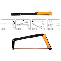 Thumbnail for At the top, the Boreal 21 saw with a yellow handle is folded and compact. At the bottom, the saw is fully assembled. In between, four labeled steps (1-4) show instructions for assembling the saw.