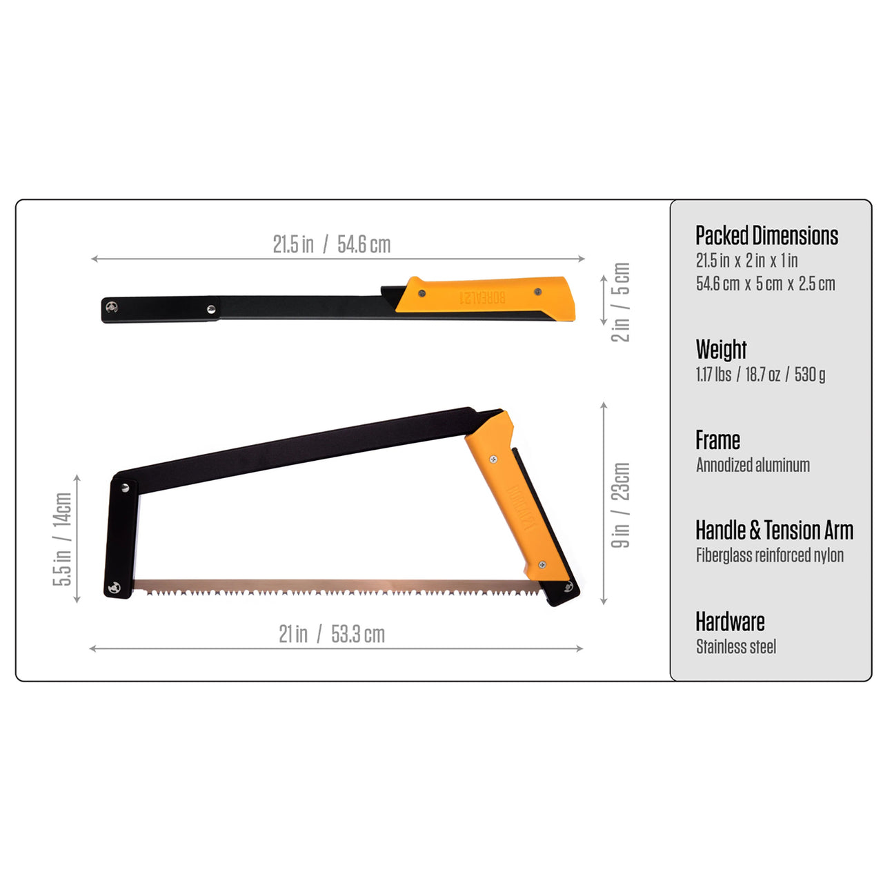 Boreal 21 saw with a yellow handle, folded at the top and fully assembled underneath, both showing length and height. To the right, a box lists Packed Dimensions, Weight as well as Frame, Handle/Tension Arm and Hardware materials.