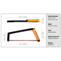 Thumbnail for Boreal 21 saw with a yellow handle, folded at the top and fully assembled underneath, both showing length and height. To the right, a box lists Packed Dimensions, Weight as well as Frame, Handle/Tension Arm and Hardware materials.