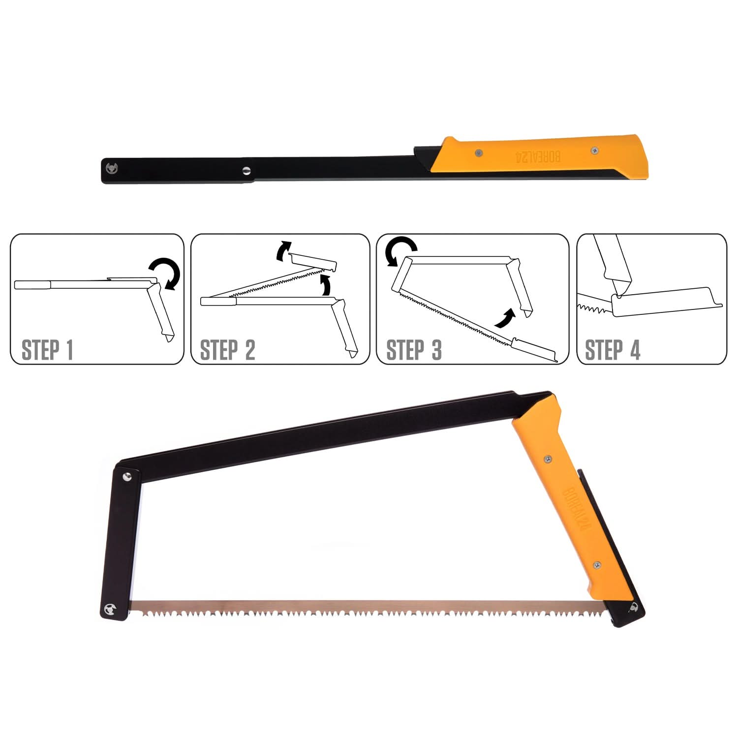 At the top, the Boreal 24 saw with a yellow handle is folded and compact. At the bottom, the saw is fully assembled. In between, four labeled steps (1-4) show instructions for assembling the saw.