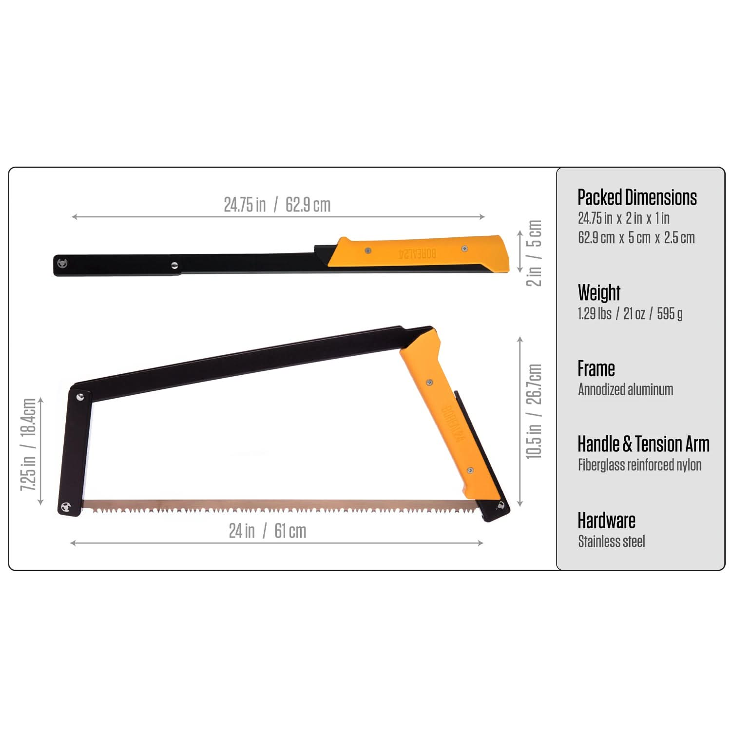 Boreal 24 saw with a yellow handle, folded at the top and fully assembled underneath, both showing length and height. To the right, a box lists Packed Dimensions, Weight as well as Frame, Handle/Tension Arm and Hardware materials.