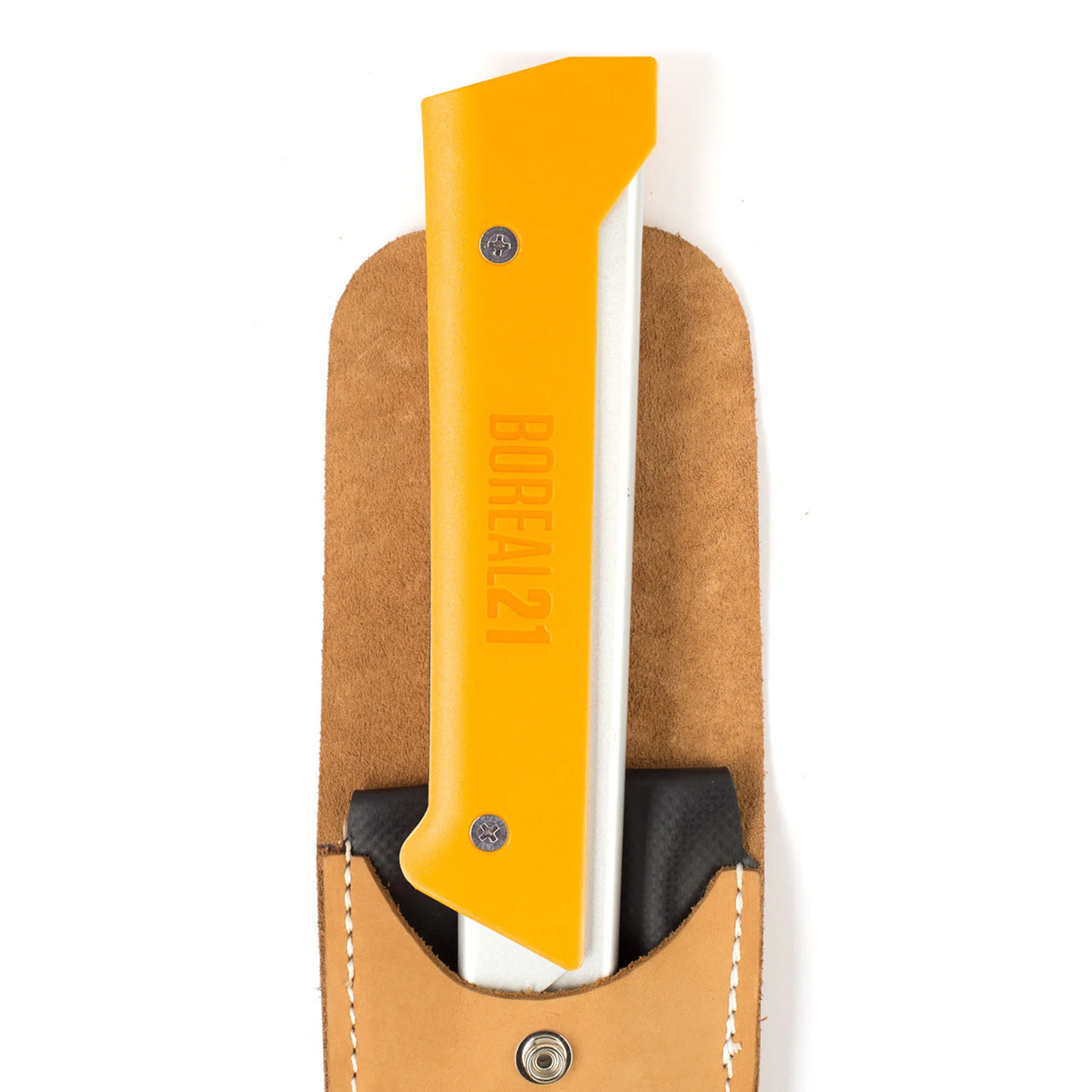 Close-up of the Agawa Sheath in NuBuck leather, top open with the yellow handle of the Boreal 21 saw protruding.