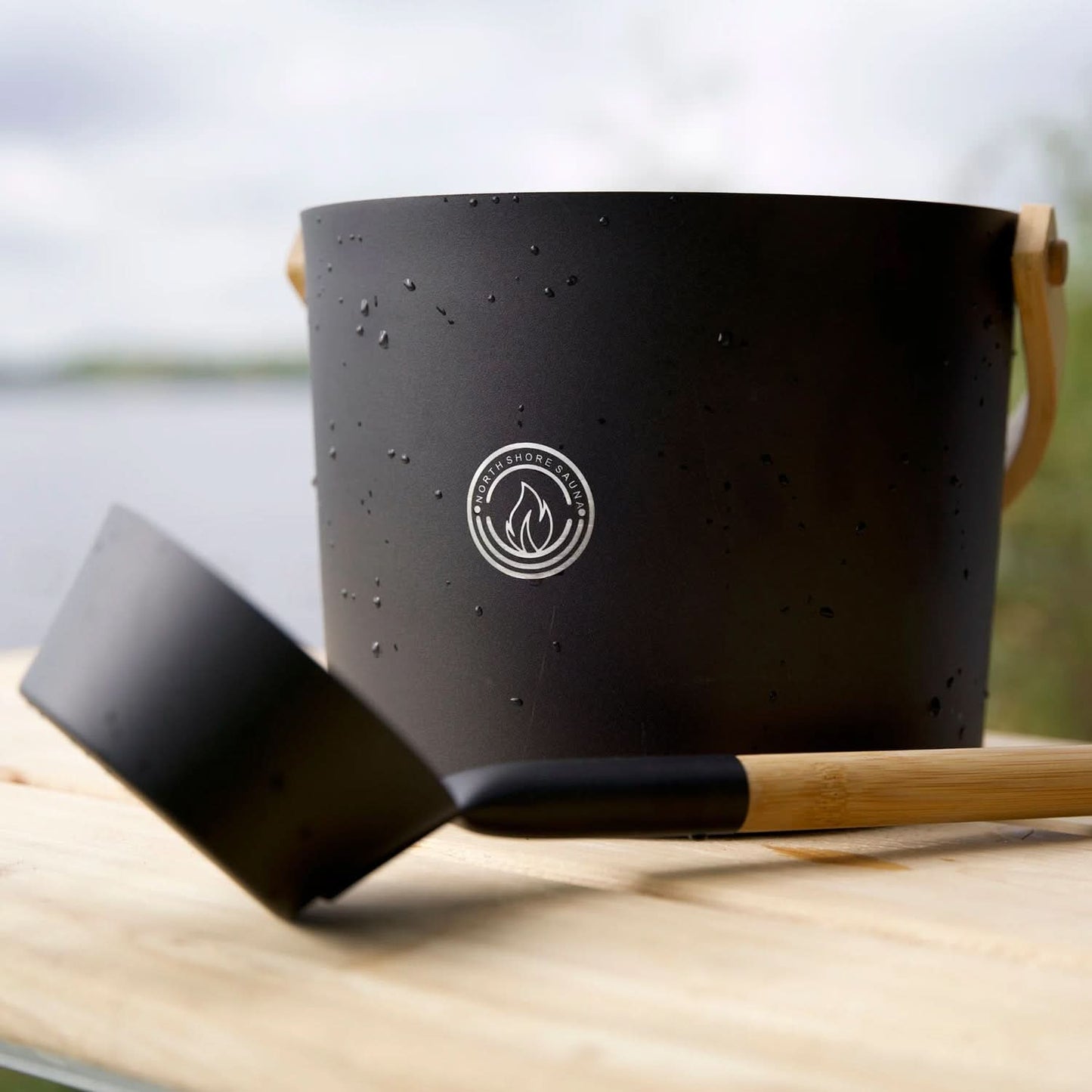 North Shore Sauna Black Sauna Bucket and Ladle Set with Bamboo Handles