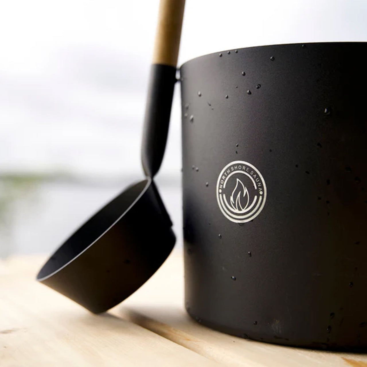 North Shore Sauna Black Sauna Bucket and Ladle Set with Bamboo Handles