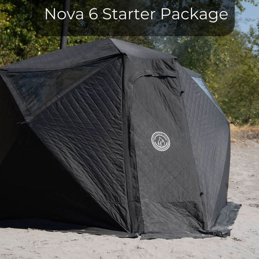 Front view of North Shore Sauna Nova 6 tent showing the door and North Shore Sauna logo with the Nova 6 Starter Package text above.