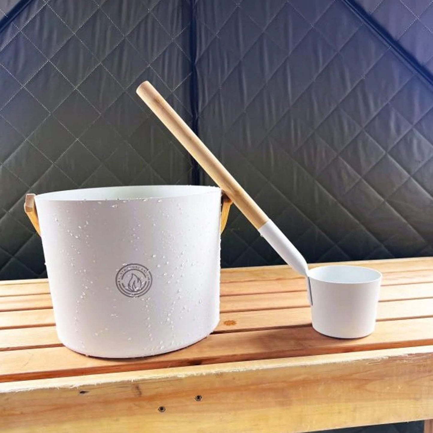 North Shore Sauna White Sauna Bucket and Ladle Set with Bamboo Handles