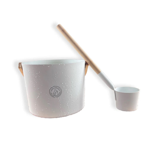 North Shore Sauna White Sauna Bucket and Ladle Set with Bamboo Handles