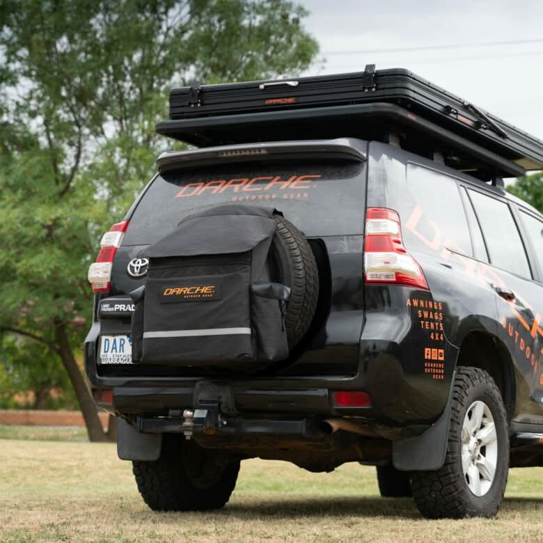 An Offgrid Spare Wheel Bag equipped on a vehicle