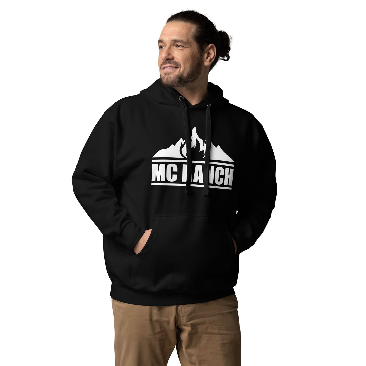 Male wearing black MC ranch overland hoodie with black hair